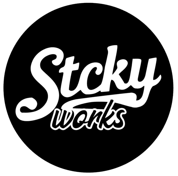Round logo with 'Sticky works' text on a black background